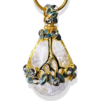 Colgante Huevo Fabergé Cuarzo Cracle Plata de Ley Cristales Esmalte Oro Cadena 24" Foto 1 de 4