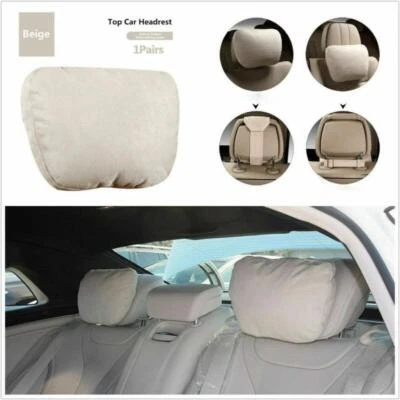  Soft Suede Fabric Adjustable Car Headrest Pillow Travel Neck SupportPair Beige - Image 1 of 4