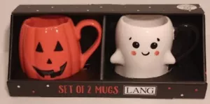 2 Kids Halloween Mugs Ghost & Pumpkin Ceramic Smiley Faces Hand Painted Cute Fun - Picture 1 of 7