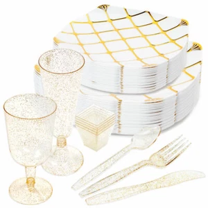 Plastic Champagne Plates Cutlery Glitter Gold Wedding Dinner Set Party Tableware - Picture 1 of 101