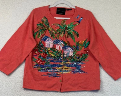 Cárdigan Michael Simon Tropical Suéter Cuentas Lentejuelas Coral Arte Talla Grande Foto 1 de 4
