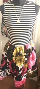 Fit Flare Dress Women's Size 6 Black Striped  & Floral  - Picture 1 of 4