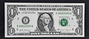 Ausgefallene Seriennummer - $1 Note - 5 of a kind 5's trinary pair 0's - 2017 A E00552555B - Bild 1 von 4