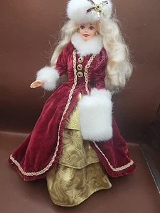 BARBIE MATTEL Happy Holiday Gold Red Velvet Dress White Fur Muff Blonde - Picture 1 of 7