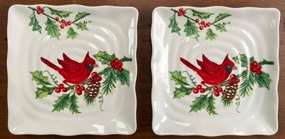 * 2 * Maxcera Red Cardinal Square Salad Appetizer Plates 8.5” Holly Berry Branch - Image 1 of 4