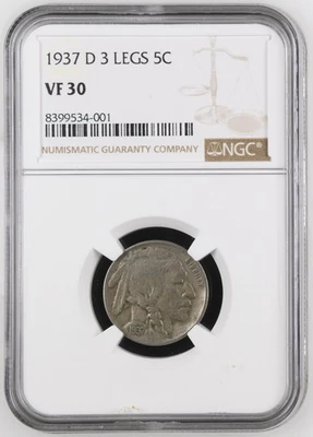 1937-D 3 Legged Buffalo Nickel 5c NGC VF30 - Image 1 of 4