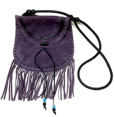 Lucky Brand Foxy Lady Purple Suede Leather Crossbody Fringe Beads Handbag - Image 1 of 4