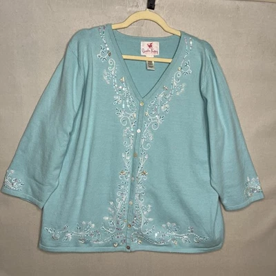 Quacker Factory Sweater Cardigan Embroidered Blue Linen Cotton Sequins Shells - Image 1 of 4