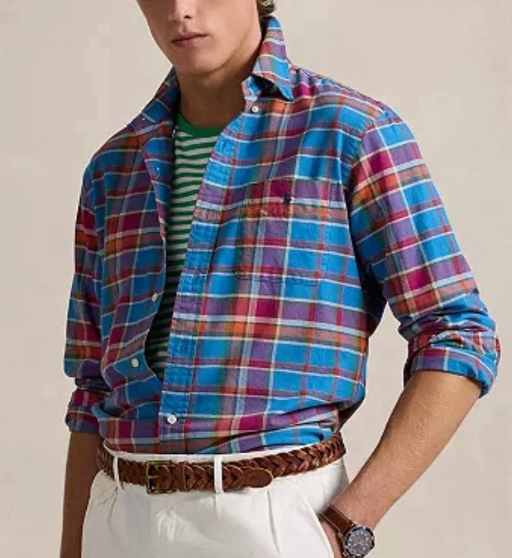 Polo Ralph Lauren 2XL Men's Classic-Fit Oxford Shirt - Blue/Pink /Tattersall