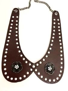 Women Handmade Leather Collar Bib Boho Hippie Gypsy Necklace Brown Stone Studded - Picture 1 of 8