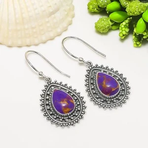 Copper Purple Turquoise Gemstone 925 Sterling Silver Earring, Anniversary Gift - Picture 1 of 4