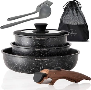 8 PCS Kitchen Cookware | Non-Stick Granite Pots and Pans Set w/ Removable Handle - Picture 1 of 8