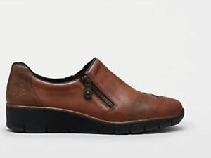 Rieker Ladies Leather Side Zip Small Wedge Shoe Boot, CHESTNUT UK 6.5 EU 40 BNWT