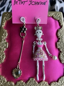 Betsey Johnson Lace Skulls White Sugar Skeleton Girl Heart Bow Mismatch Earrings - Picture 1 of 3