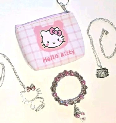 NEW Hello Kitty Set Pink Purse Stretch Bracelet 2 Necklaces Rhinestones Gift - Image 1 of 4