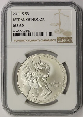 2011-S Medal of Honor Modern Silver Commemorative Dollar $1 MS 69 NGC - Image 1 of 4