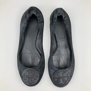 Tory Burch Minnie Ballet Flats Black Suede Sole Comfort Logo Designer Size 7.5 - Picture 1 of 9