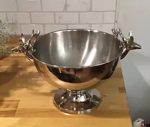 decorative Silver-plate Bowl Christmas By Designco Deer Stag Heads Handles 9” - Picture 1 of 6