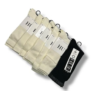 HUE Luster Flat Knit Sock Ivory Womens OS 6 Pair With Black Scalloped Sock - Picture 1 of 3
