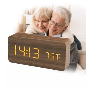 Contemporary Digital Alarm Clock & Thermometer with LED Display Medium Wood Tone - Picture 1 of 11