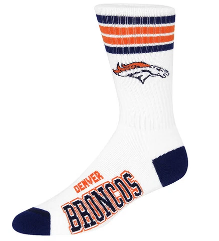 Denver Broncos NFL For Bare Feet Men's 4 Stripe White Crew Socks SIZE LARGE Cover