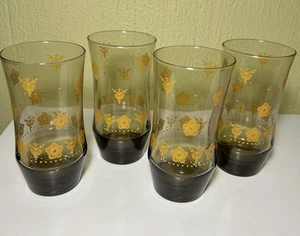 Libbey Glass BUTTERFLY GOLD 5 1/2" Smokey Brown TUMBLER Corning Corelle Set of 4 - Picture 1 of 9