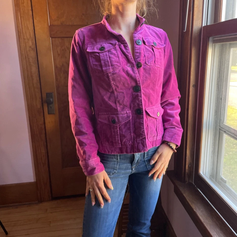 Chaqueta de terciopelo rosa Y2K para mujer pequeña S magenta felpa estilo utilitario botón delantero Foto 1 de 4