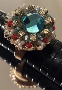 Vintage goldfarbener mehrfarbiger Strass Cluster Ring, verstellbares Band - Bild 1 von 9