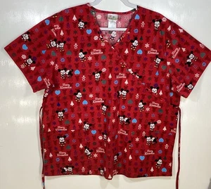 Christmas Scrub Top womens size XL Mickey Minnie Mouse Holiday Merry Kiss mouse - Picture 1 of 4
