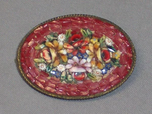 VINTAGE OVAL HANDCRAFTED MOSAIC PIN - RED & YELLOW FLOWERS - MADE IN ITALY - Picture 1 of 3