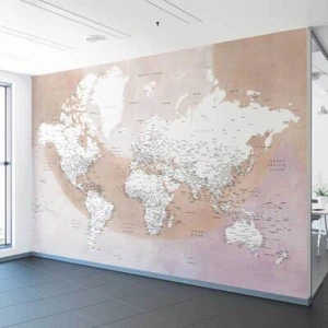 Wall Mural World map with cities Qawi - Peel and Stick Fabric Wallpaper - Picture 1 of 2