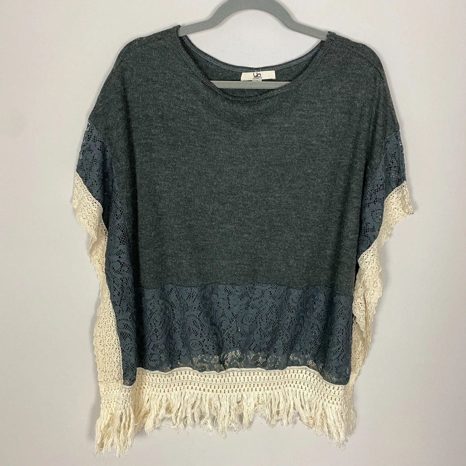 Ya Los Angeles Boho Poncho Womens Small Grey Knit Fringe Lace Country Western Foto 1 de 4