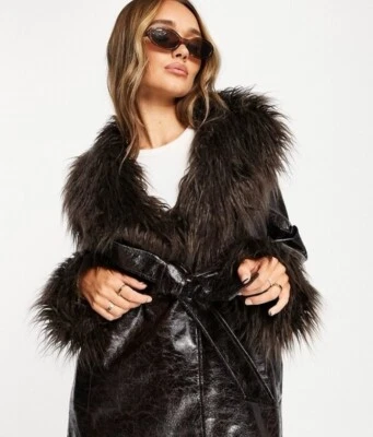 ASOS Women Brown Long Coat Faux Fur Poly Reclaim Vintage 70’s NEW Sz 6 Runs Lrg - Image 1 of 4