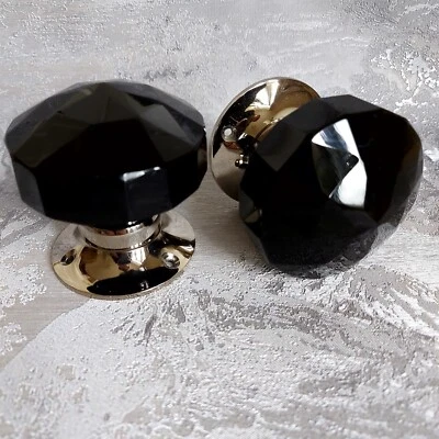 PAIR OF LARGE LAURA ASHLEY FRANCES FACETED BLACK GLASS CHROME DOOR KNOBS FAB - Image 1 of 4