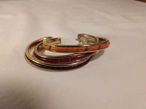 Vintage Metal & Leather Bangles Set Of 3 Stamped Italy - Picture 1 of 4