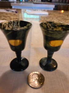 Set 2 Miniature Asian /Chinese 2" Iridescent black&green spinach Jade goblets - Picture 1 of 8