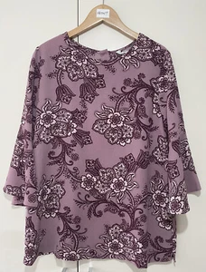 Peacocks Paisley Blouse Size 10 Purple Style 3/4 Bell Sleeves Smart Casual Top - Picture 1 of 8