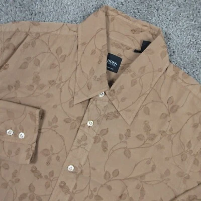 Hugo Boss Shirt Mens Large Brown Embroidered Floral Body Line Abstract Button Up - Image 1 of 4