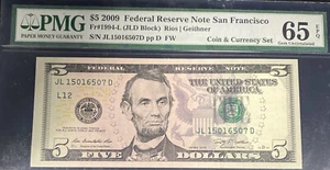 2009 $5 Federal Reserve Note San Francisco Fr #1994-L 65 EPQ - Picture 1 of 4