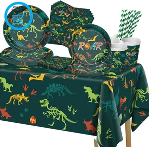 101 Pcs Dinosaur Birthday Decorations - Dino Party Decor Including Plates, Napki - Picture 1 of 12