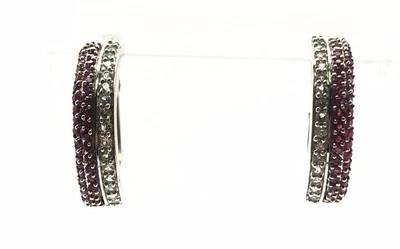 Sterling Silver Pink / Red Ruby CZ Double Row Cluster Lever Back Hoop Earrings  - Image 1 of 2