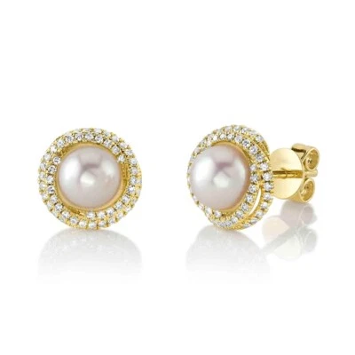 14K Yellow Solid Gold Diamond Pearl Stud Earrings Intertwined Halo 0.26CT - Image 1 of 3