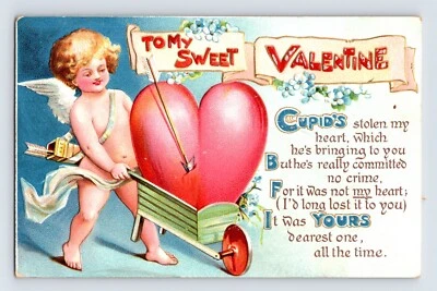 Postal San Valentín Cupido Gigante Corazón Carretilla 1912 Publicado Espalda Dividida Foto 1 de 2