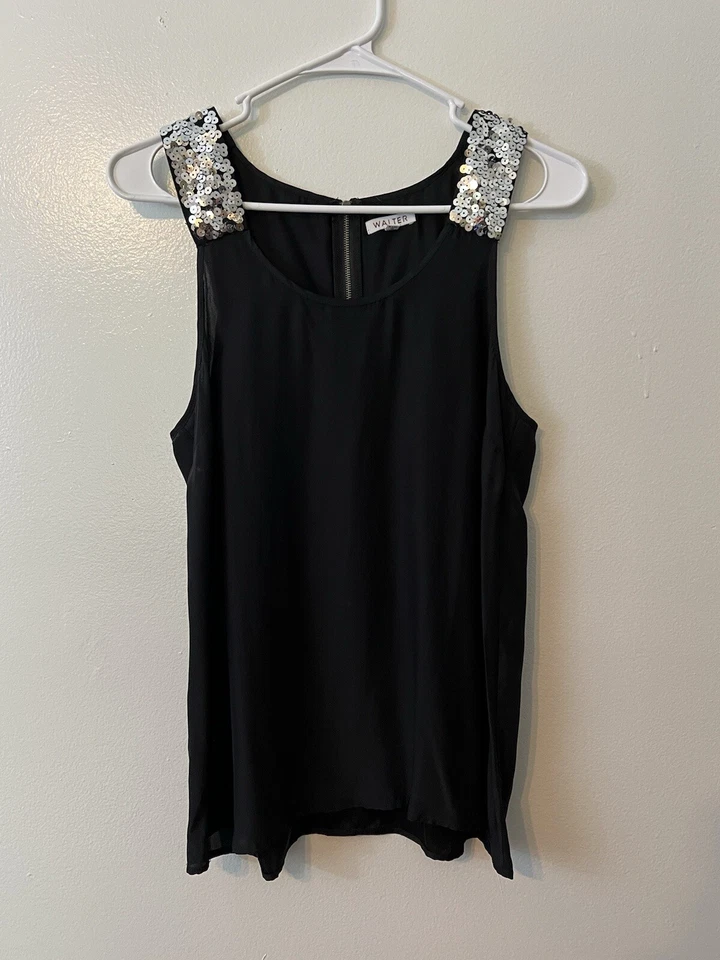WALTER Mujer Talla 2 100% Seda Negro Sin Mangas Top Secuencia Fiesta Dinero Antiguo Foto 1 de 4