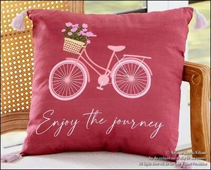 NEW THROW ACCENT PILLOW BICYCLE THEME "ENJOY THE JOURNEY" CYCLIST DOUBLE SIDED - Picture 1 of 2