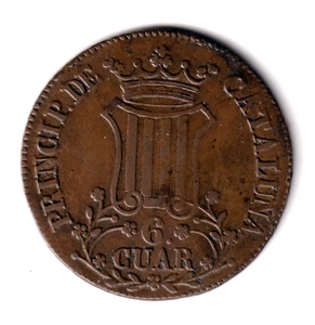 ESPAÑA 6 quartos cobre 1836 CATALUÑA - Reina Isabel II - Picture 1 of 2