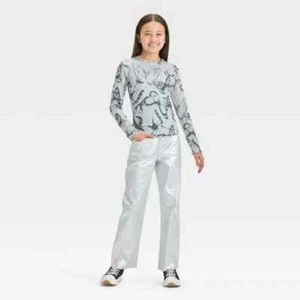 Art Class Girls' 16 Silver High-Rise Baggy Metallic Denim Pant Denim Button Fly - Picture 1 of 12