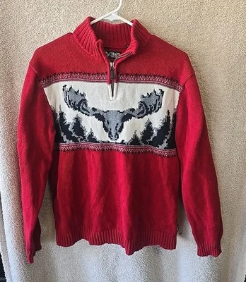 Chaps Sweater Mens Large Red Knit Holiday Christmas Moose Stag 1/4 Zip Stretch - Image 1 of 4