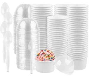 Ice Cream Paper Cups 4 oz Disposable White Paper Dessert Cups with Lids and S... - Picture 1 of 7