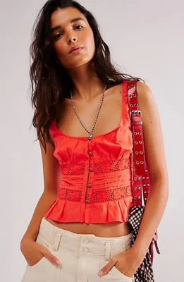 FREE PEOPLE Tank top Kianna Lace Relaxed Fit Size Medium Radiant Watermelon - Image 1 of 4